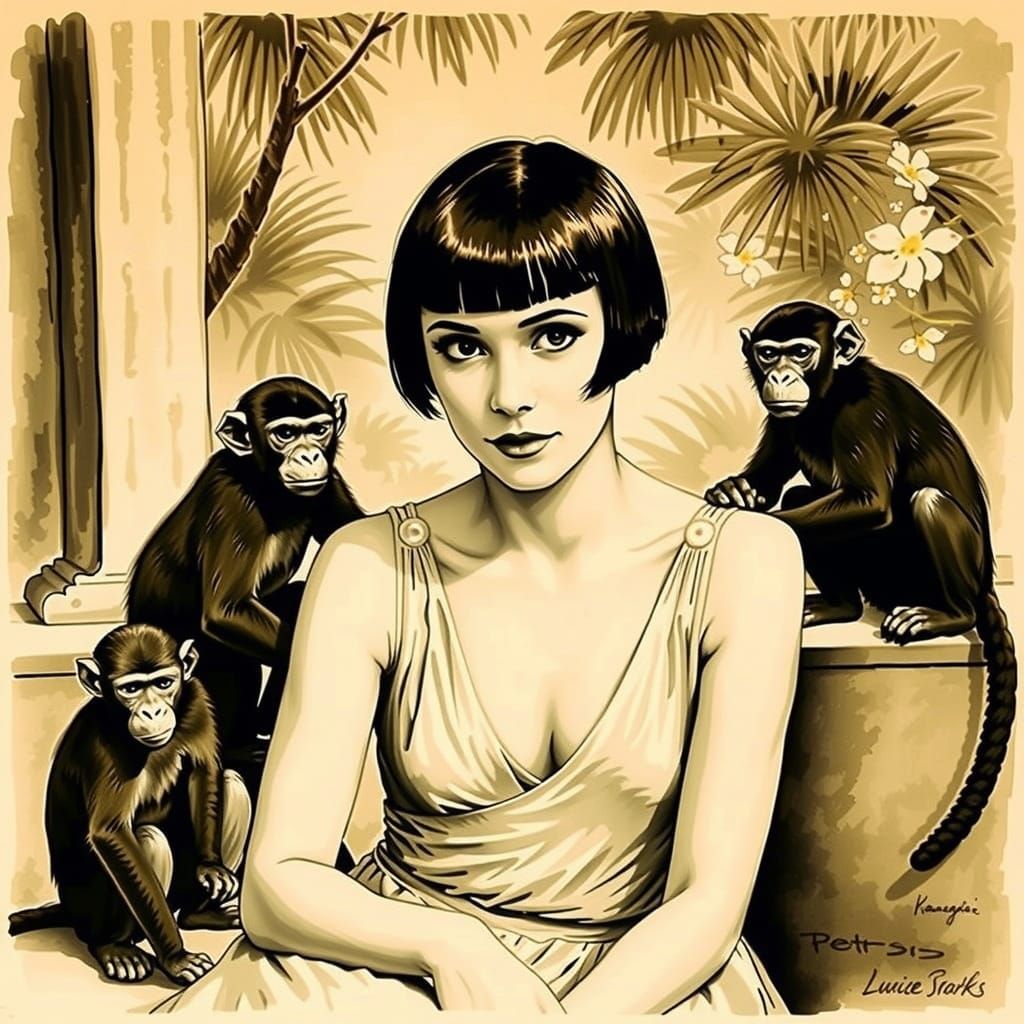 Flapper Star Louise Brooks Surrounded by Whimsical Monkeys i...