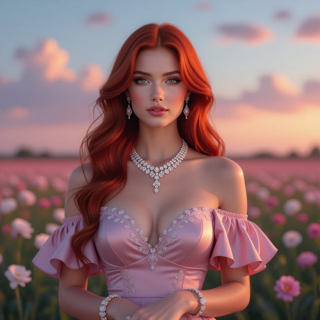 Red Haired Woman in Field of Flowers