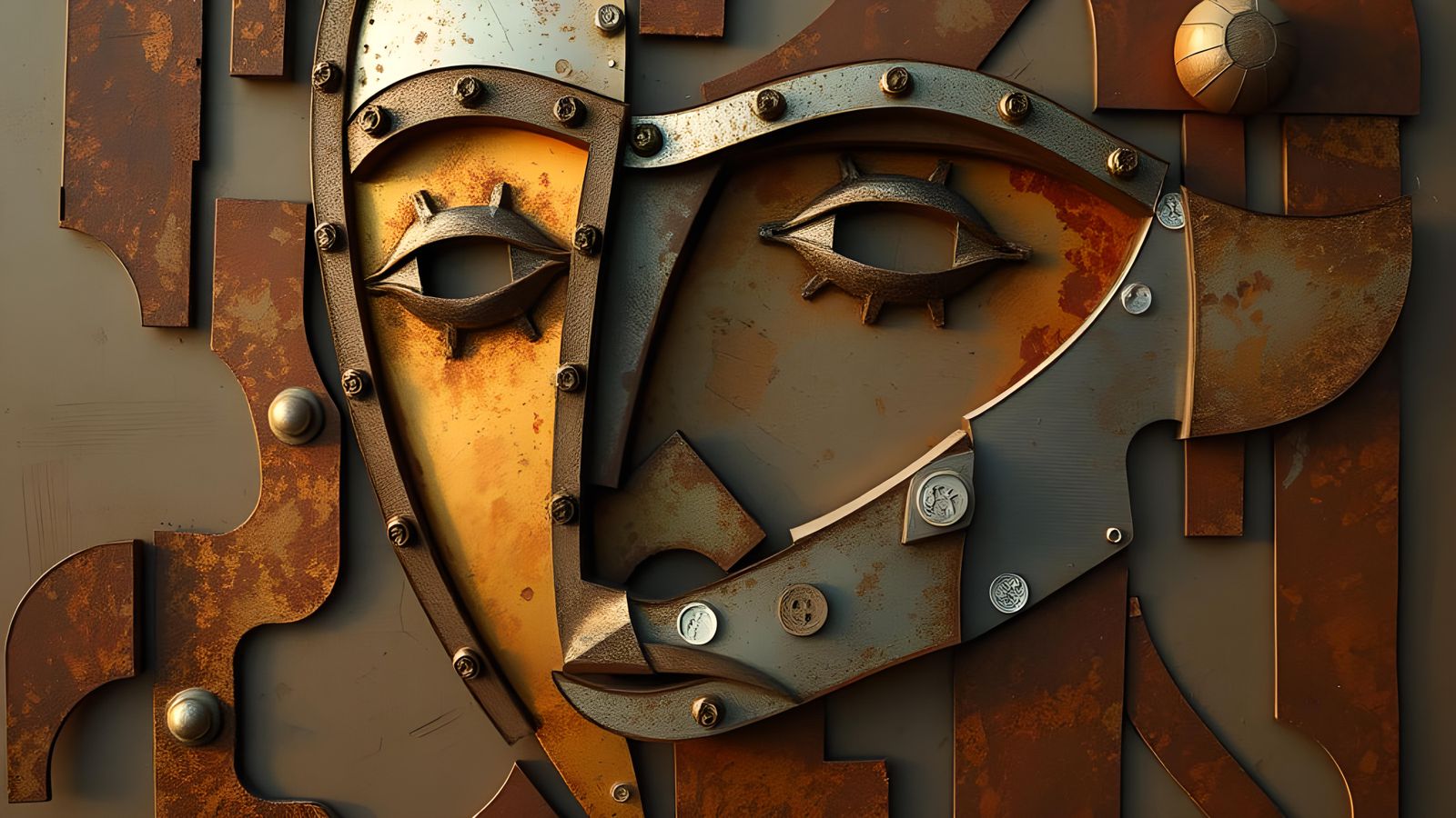 Abstract Cubist Face Formed of Rusty Metal