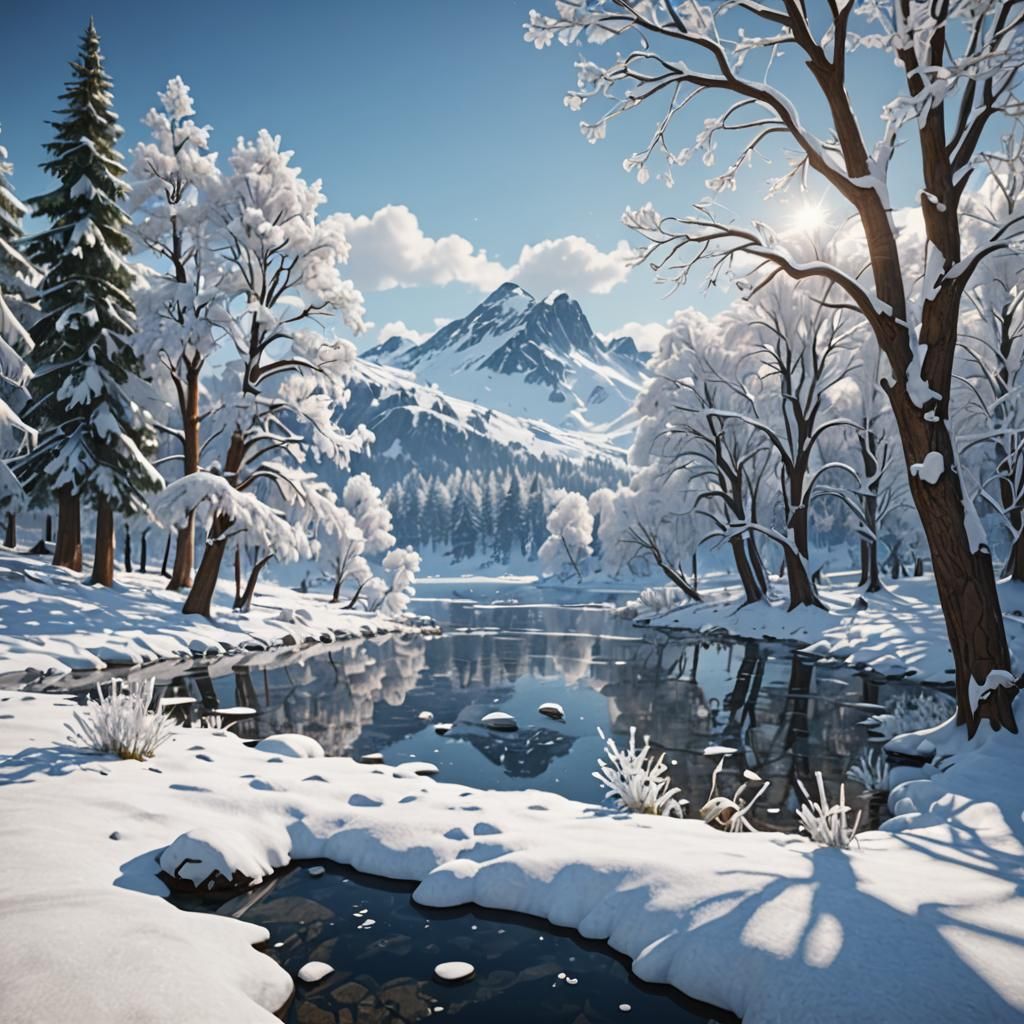 Snow-Covered Lake on a Bright Winter Day in 3D