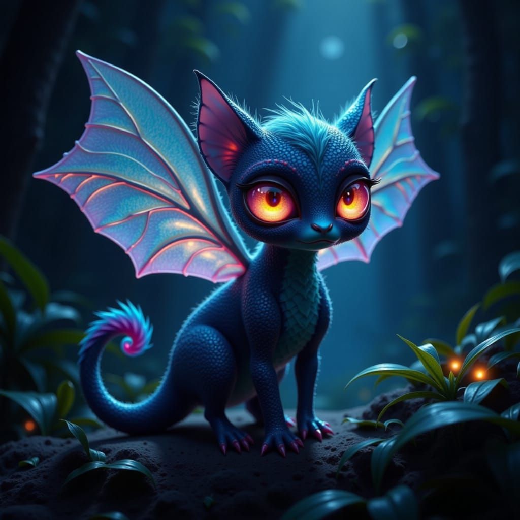 Fantastical Creature in Bioluminescent Forest