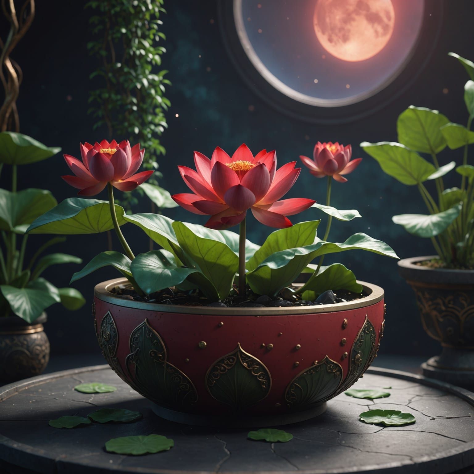 A MINI MOON RED  LOTUS PLANT PLANTRD IN A SMALL TUB