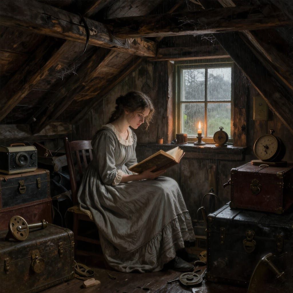 Regency Woman Reading in Dusty Attic