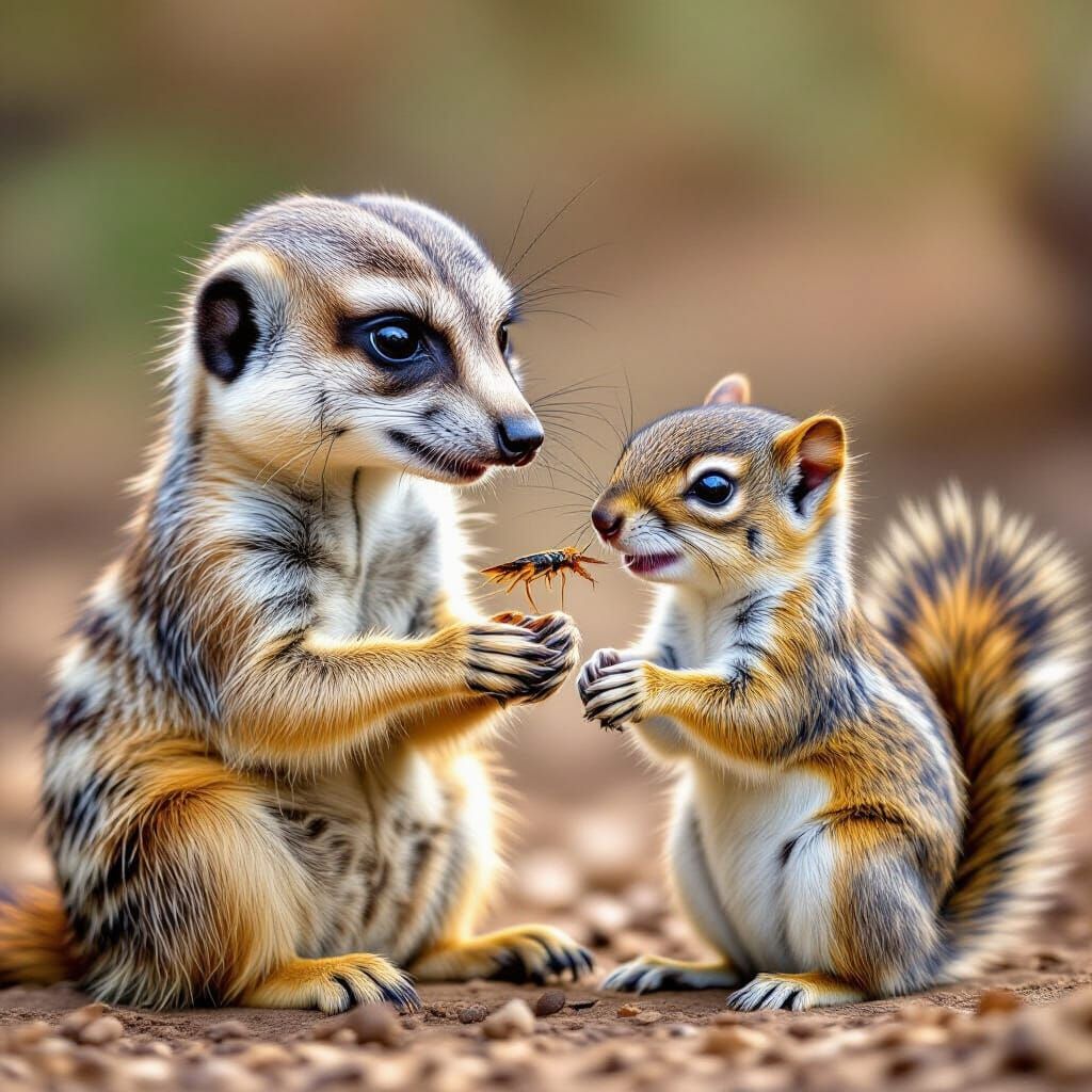 Meerkat's Gentle Offering to Squirrel, Wildlife Photography