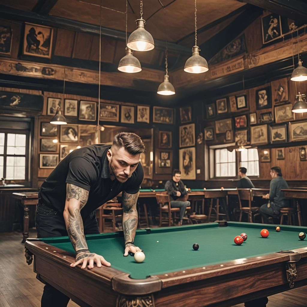Tattooed Men Play Billiards with Cat