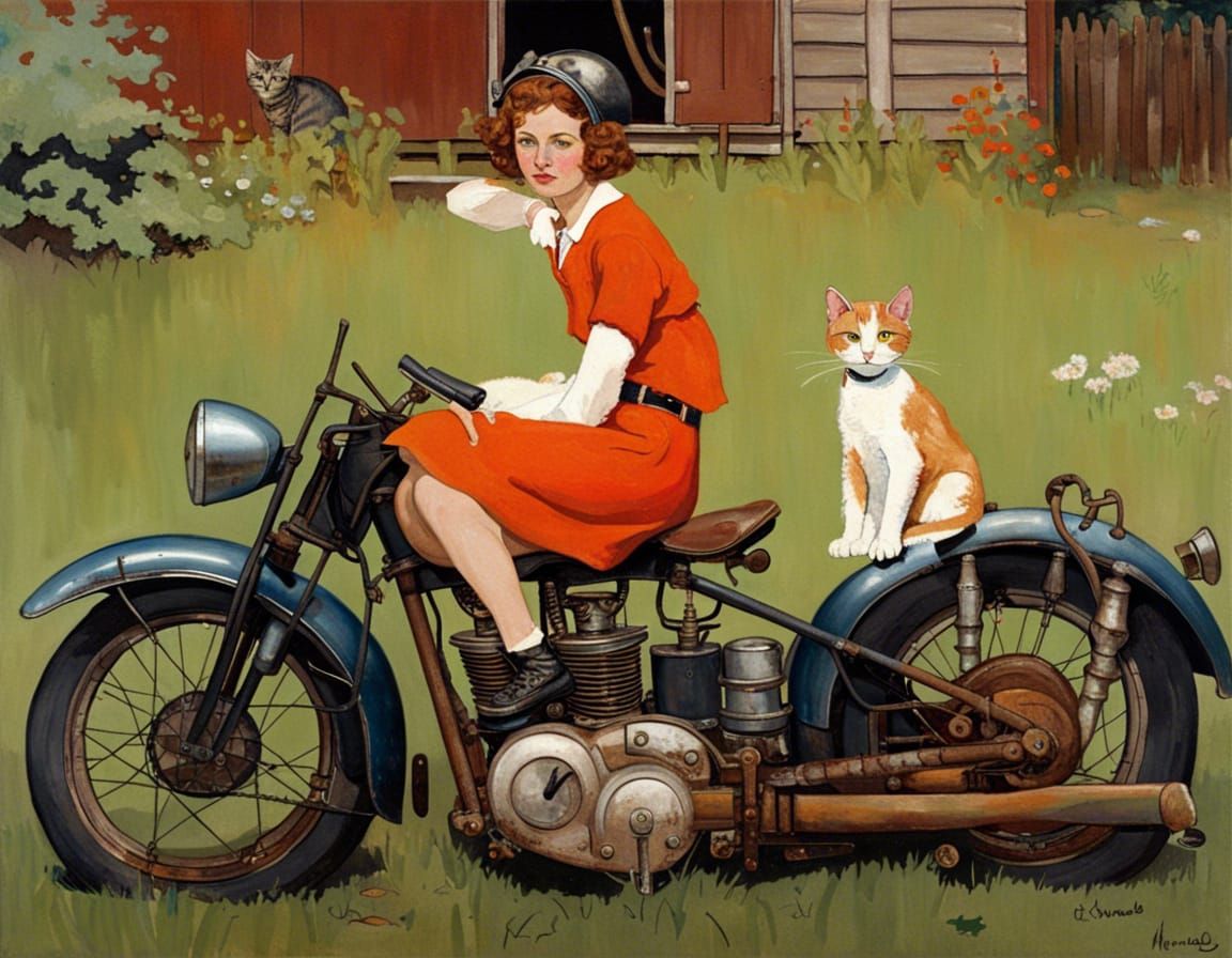 Cat on Motorcycle in Rockwell Style