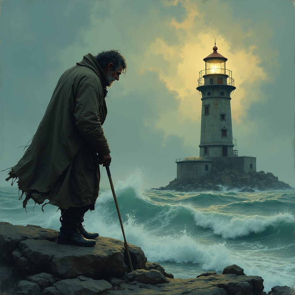 Lighthouse Keeper's Vigil in Stormy Seas, Graphic Style