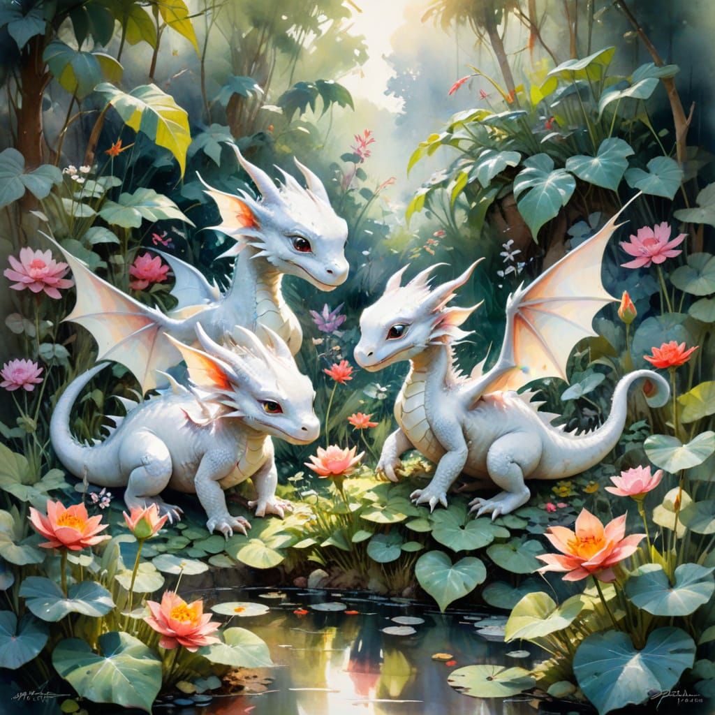 Dragon Hatchlings Playing in Magical Garden