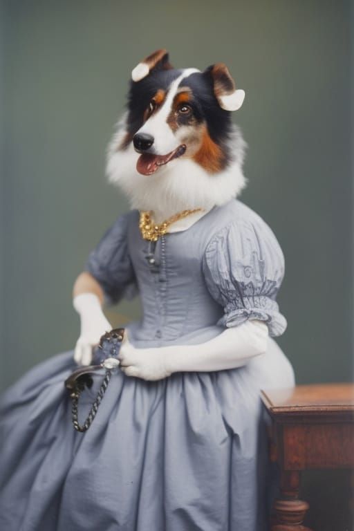 Collie Dog in Victorian Dress, Rembrandt Style