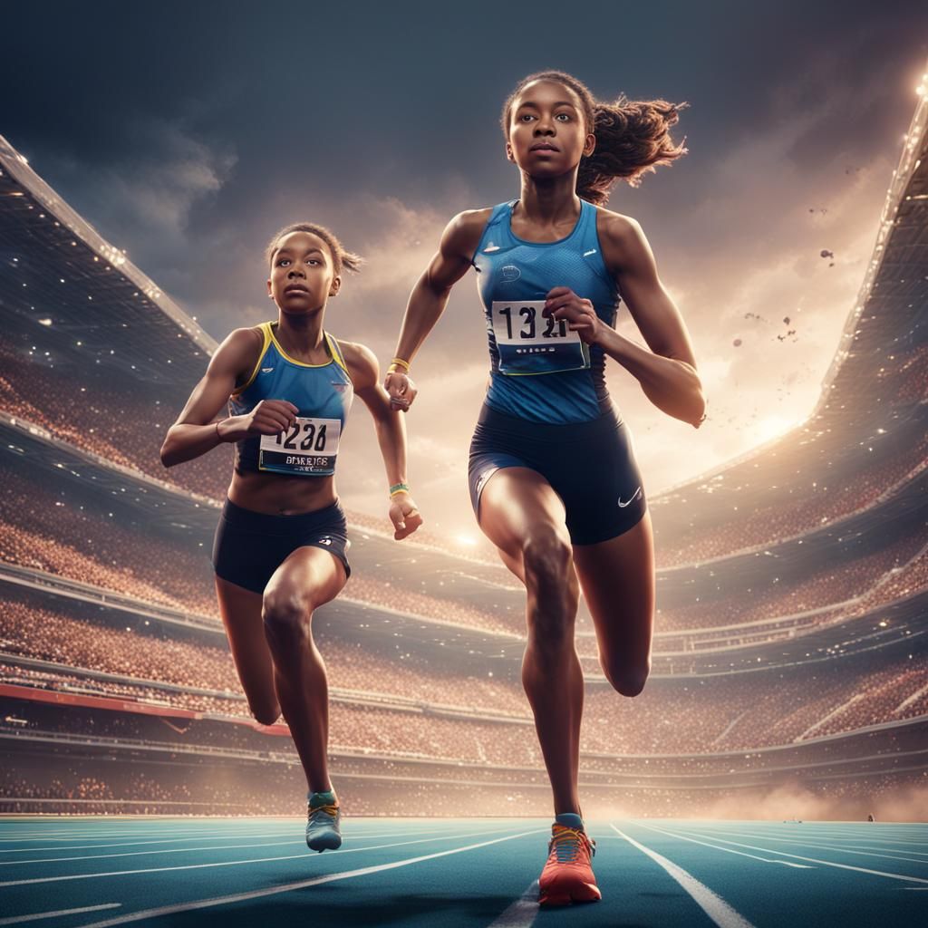 Girls Finish 100m Race: Fantasy Concept Art