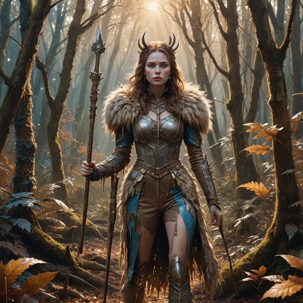 Mystical Forest Woman in Fur Suit, Fantasy Art