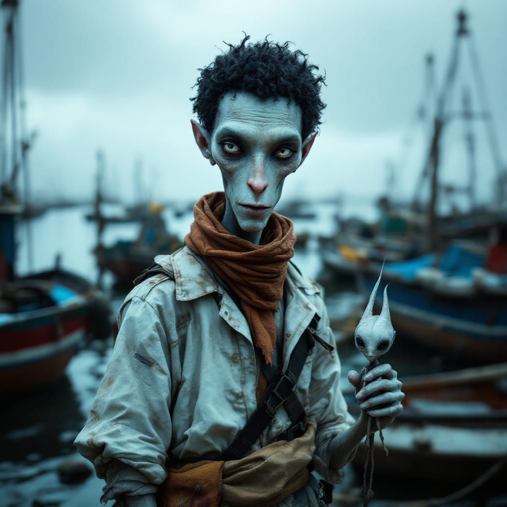 Alien and Fisherman on a Dock