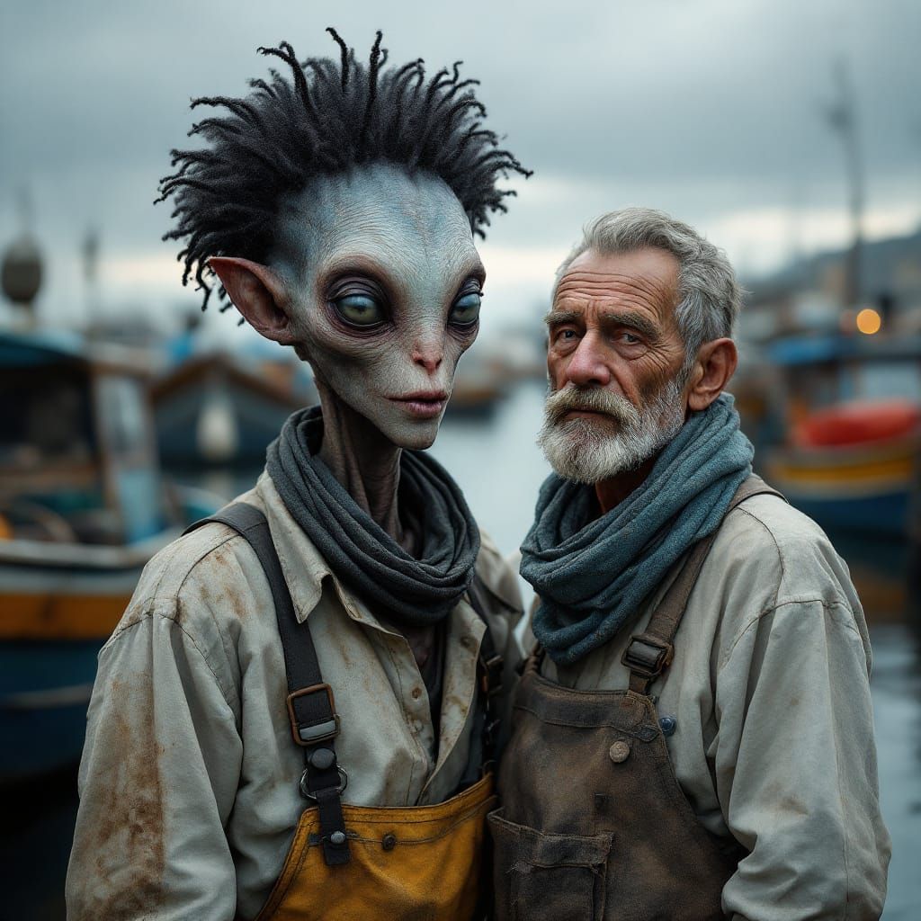 Fisherman and Alien Portrait in Magical Realism