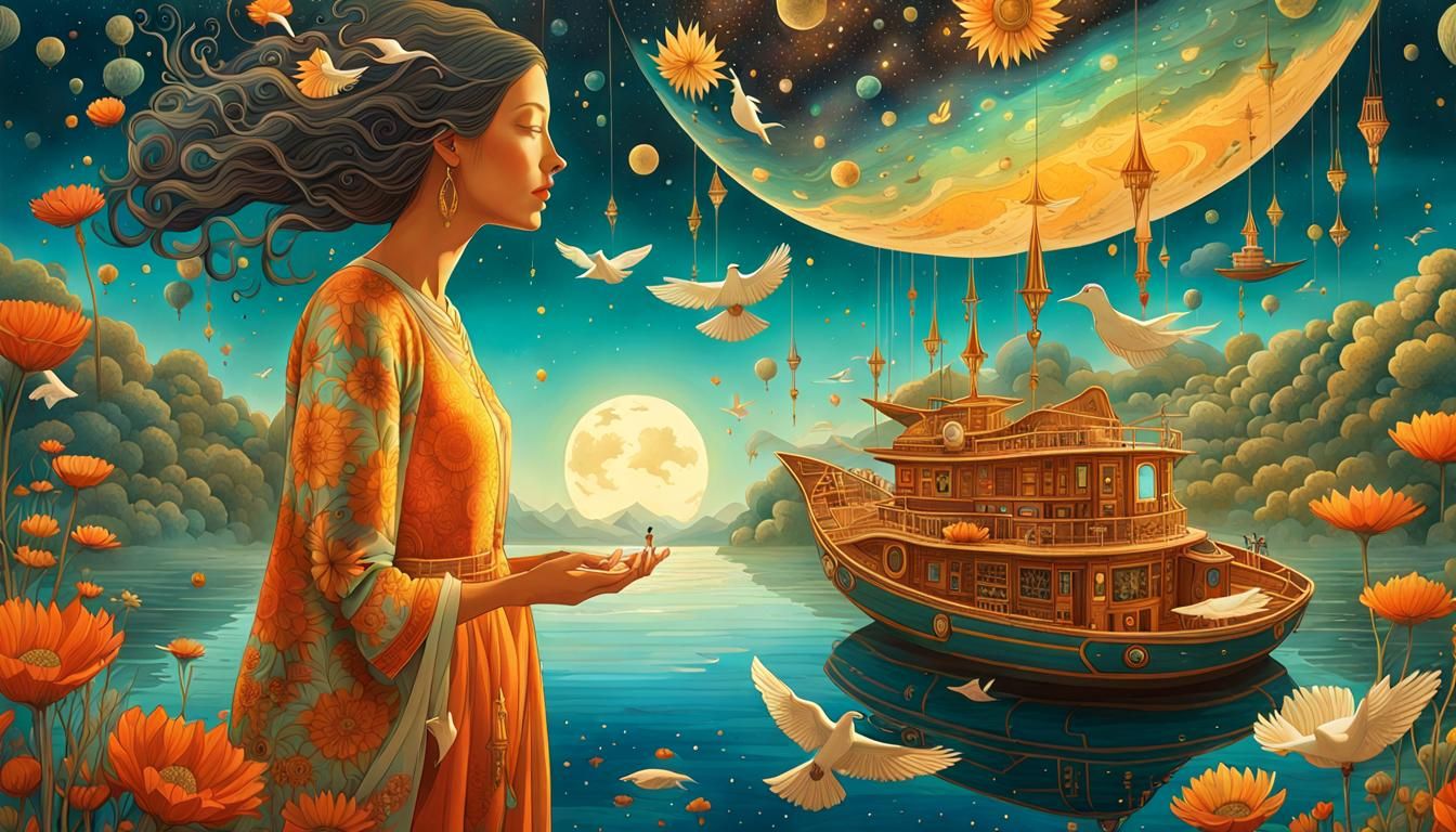 Woman Holding Cosmos in Surreal Fairytale Style