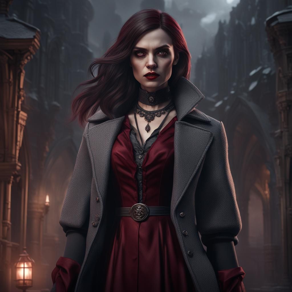 Brunette Vampire in Burgundy Dress: Fantasy Concept Art