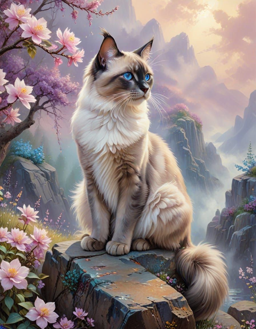 Siamese Cat on Rock Amidst Blossoms in Ethereal Fantasy Land...