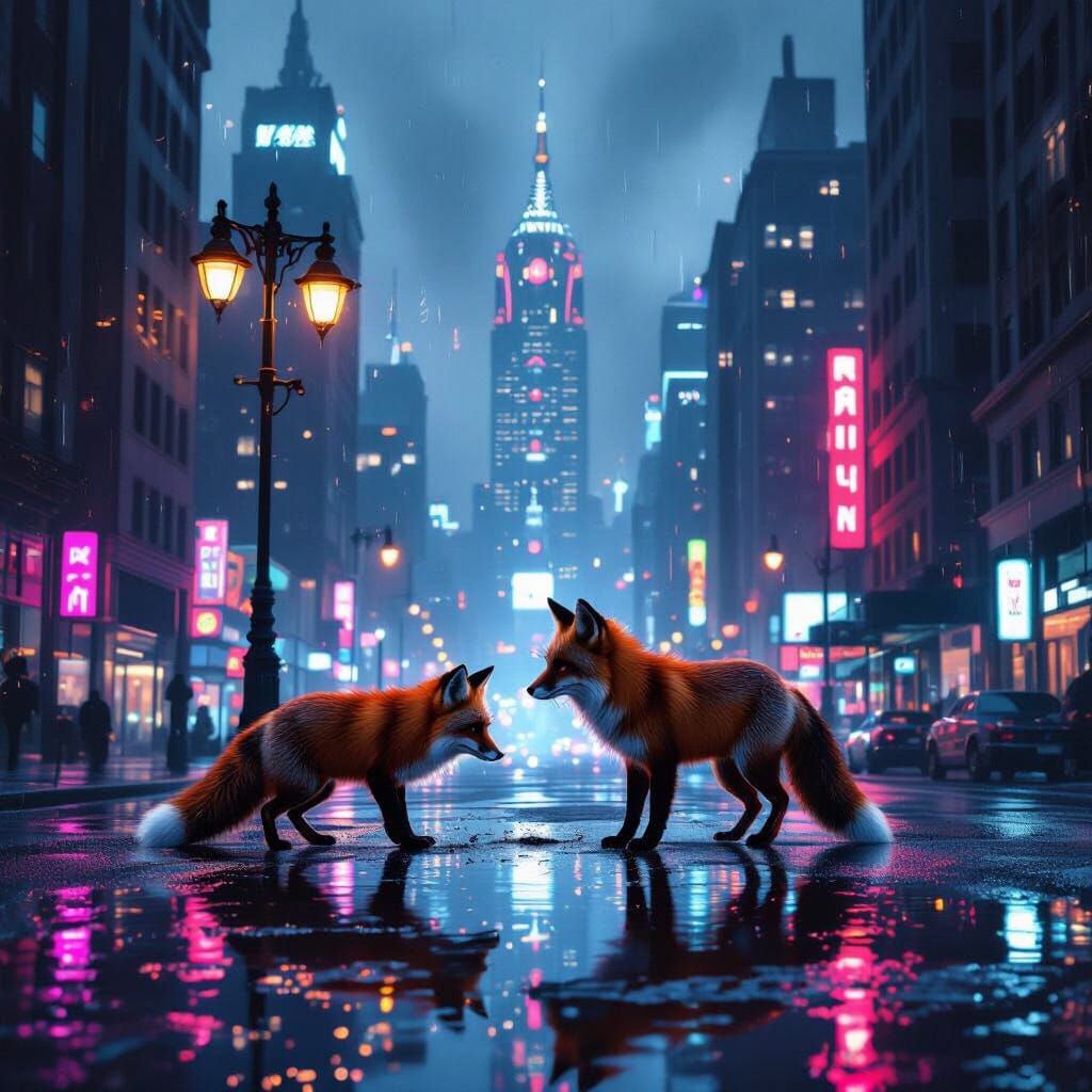Fox in Neon City Street at Midnight