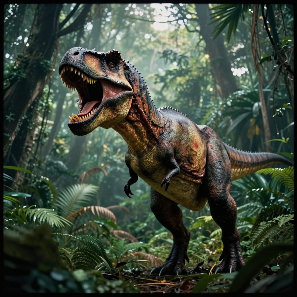 Majestic Tyrannosaurus Rex Roaring in Prehistoric Jungle