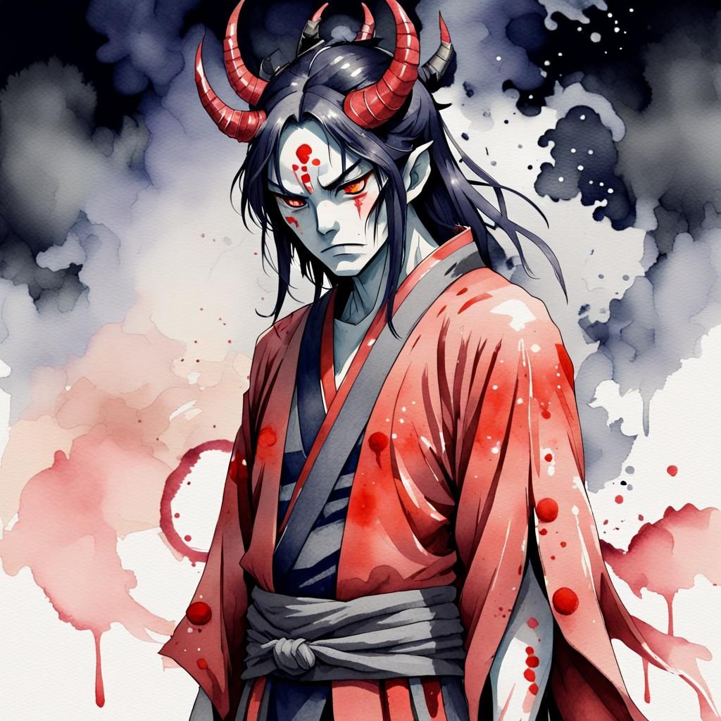 Depressed Japanese Demon in Watercolor Style