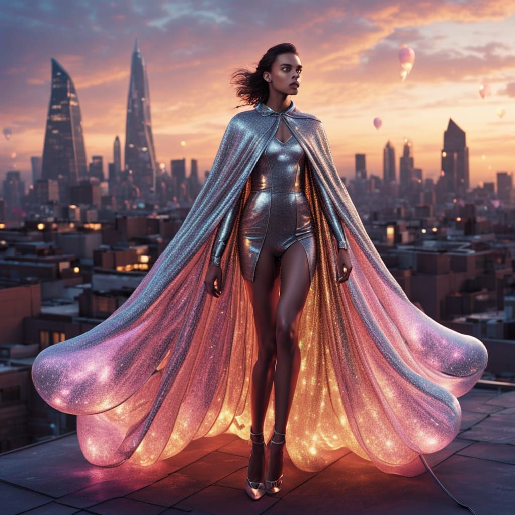 Fashion Model in Balloon Cape on City Rooftop at Dusk