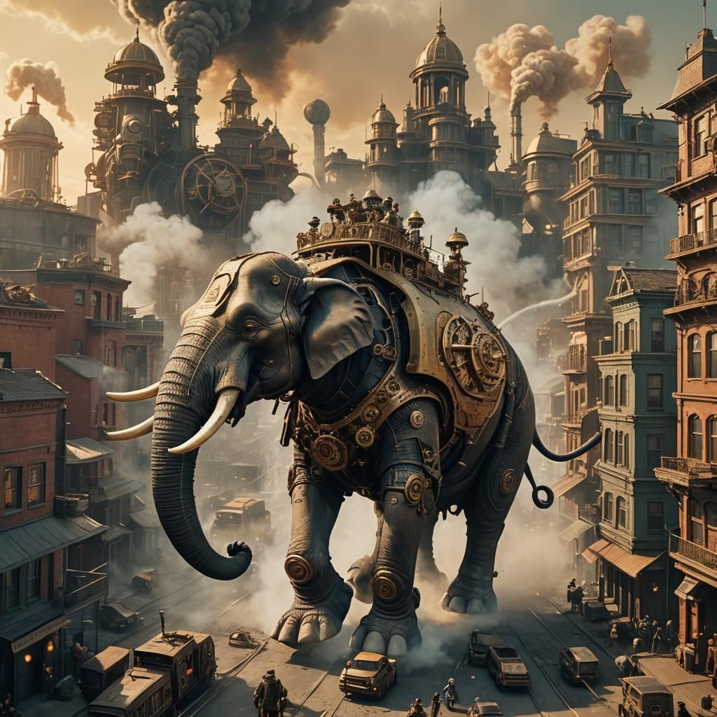 Steampunk Battle Elephant Tramples City, Sci-Fi Art