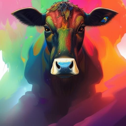 Rainbow Cow Fantasy Portrait in Hyperdetailed Style