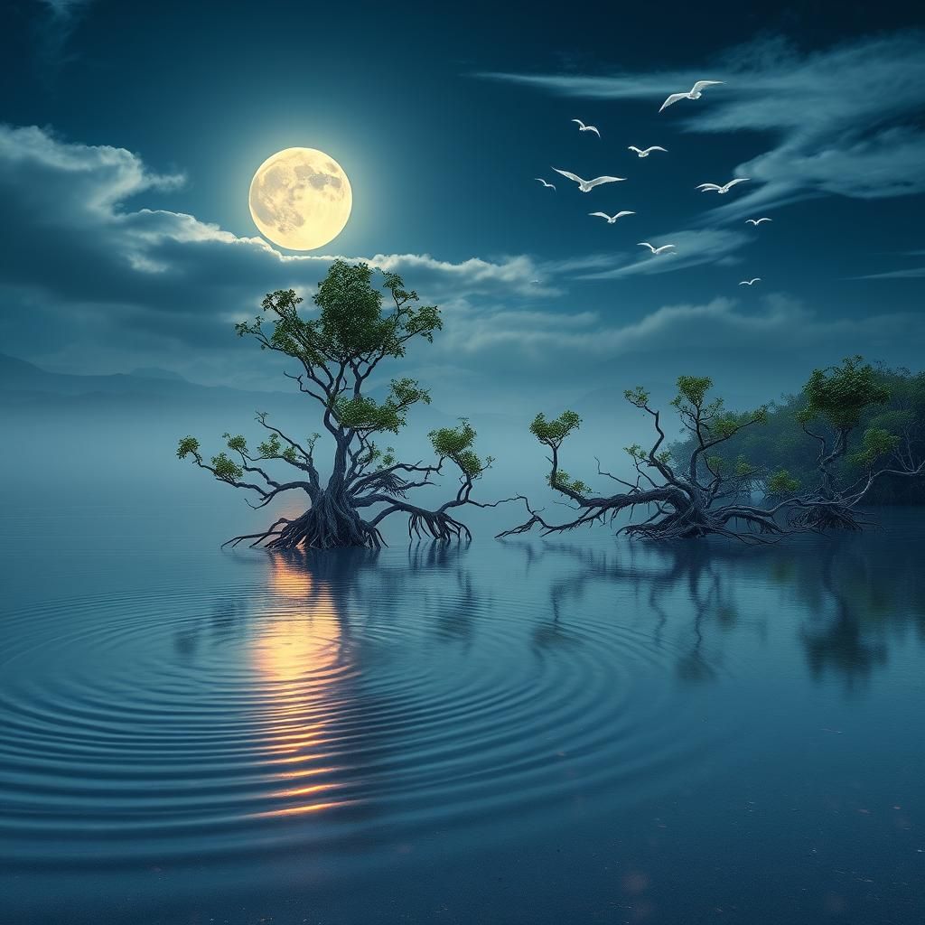 Tranquil Estuary at Night: A Hyperrealistic Dreamscape