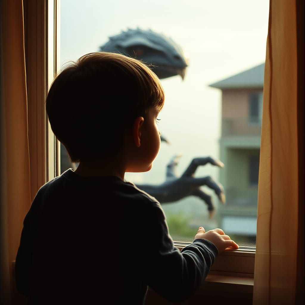 Frightened Boy and Nightmare Monster: Cinematic Still