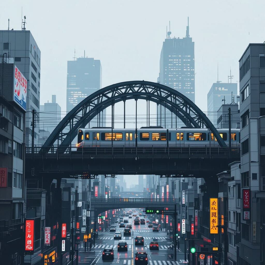 City Train Crossing Steel Arch Bridge in Overcast