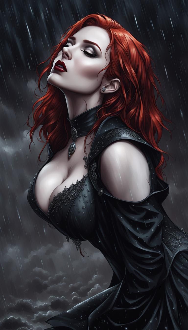 Redhead Vampire in Stormy Rain: Gothic Fantasy Art