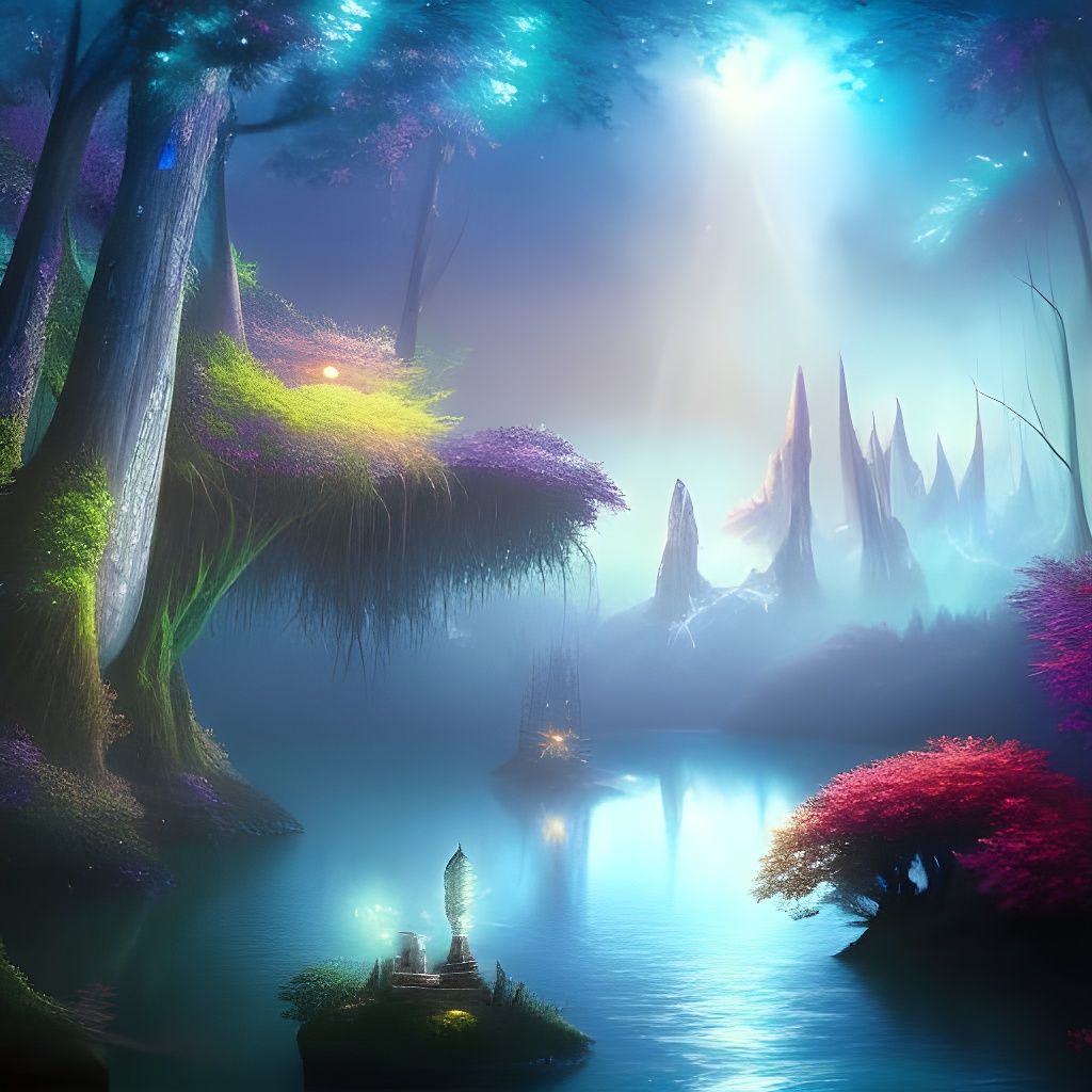 Fantasy Island Under Crescent Moon, Hyperrealistic Art