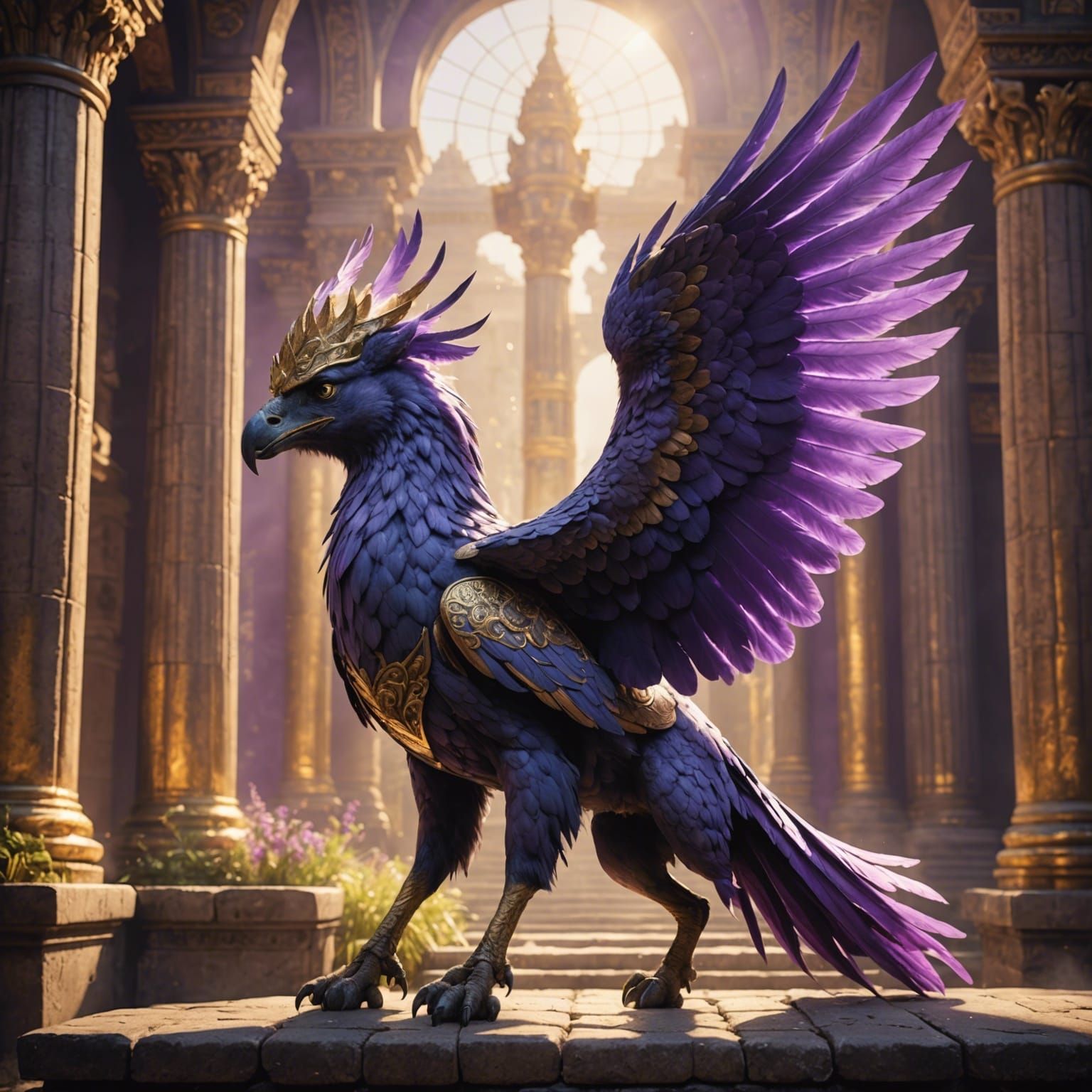 Violet and Gold Hippogriff Landing Before Temple