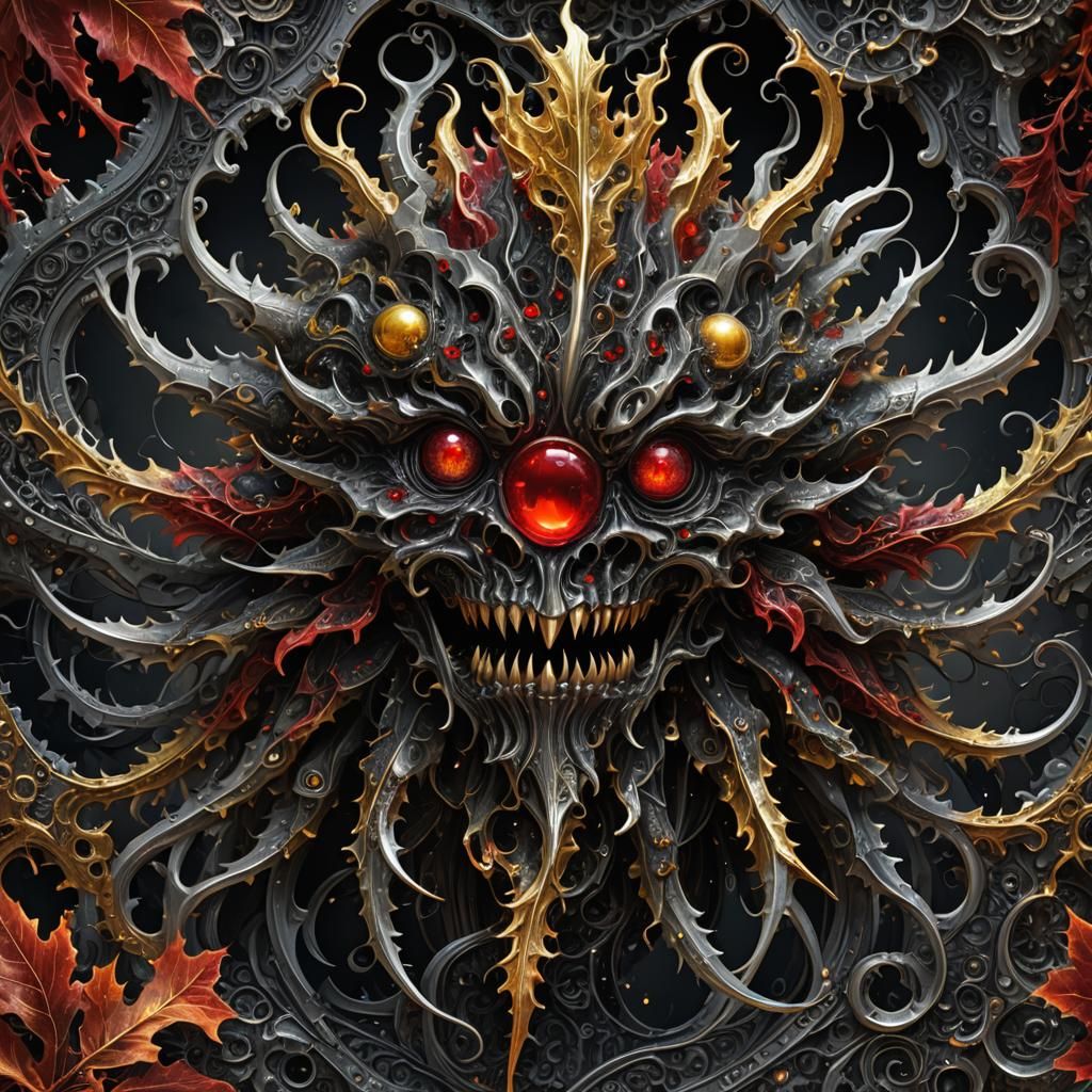 Iridescent Monster with Swirling Leaves in Digital Art