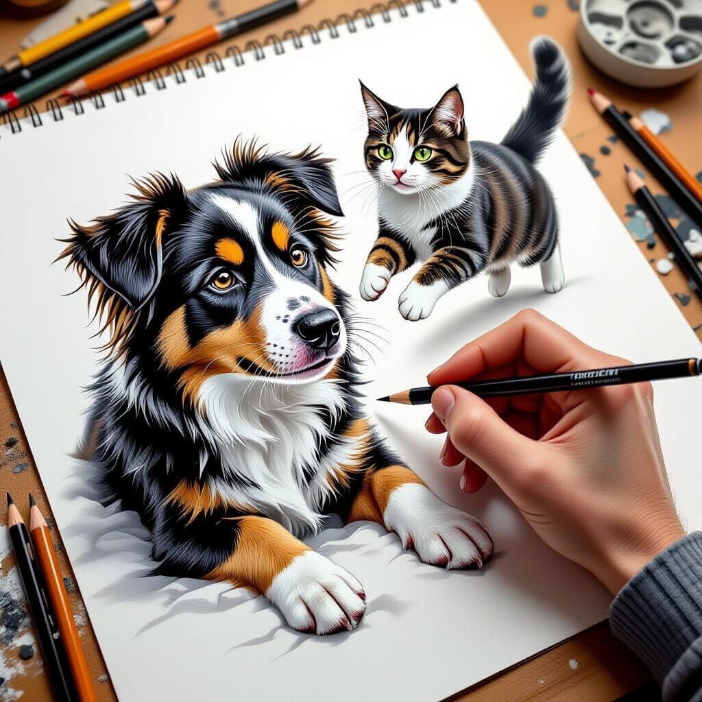 Hyperrealistic Drawing: Dog & Cat Leaping from Page
