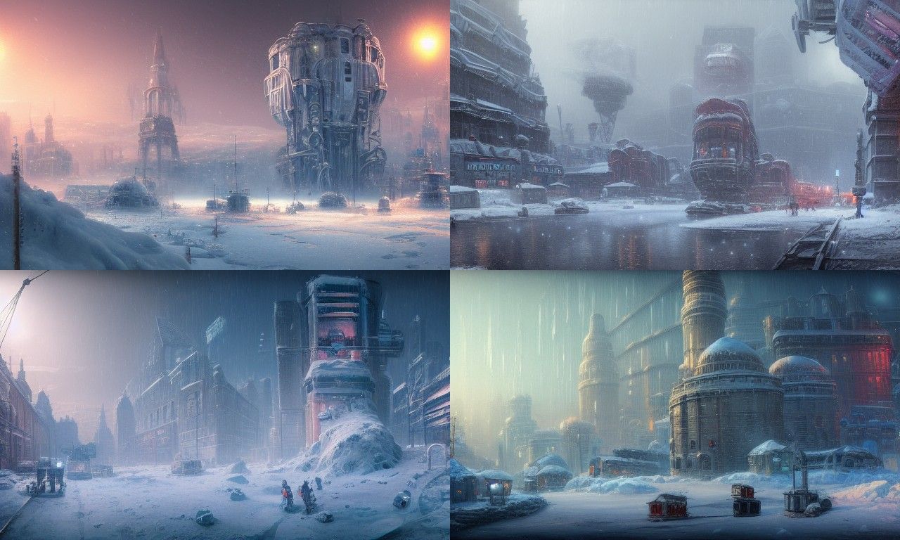 Snowy City with Mining Robots in Dieselpunk Style