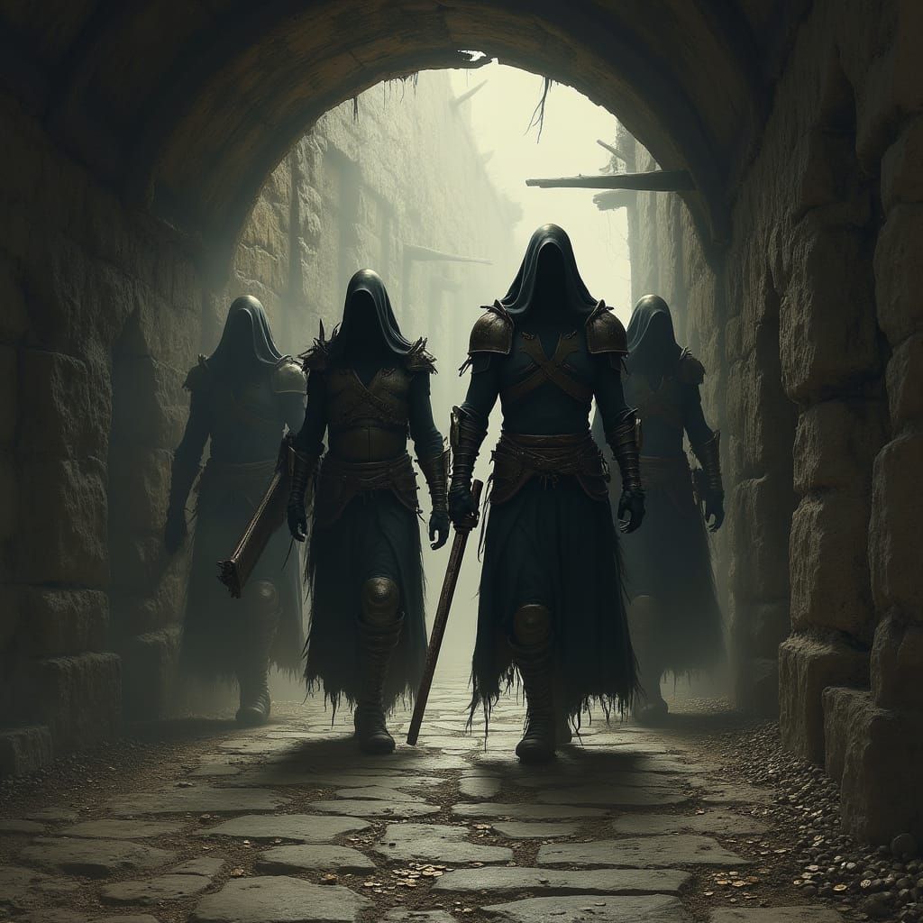 Four Wraiths Stalk Through a Dimly Lit Tunnel in Rusted Armo...