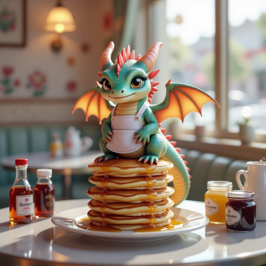 Pastel Dragon Chef on Pancake Stack in Whimsical Diner