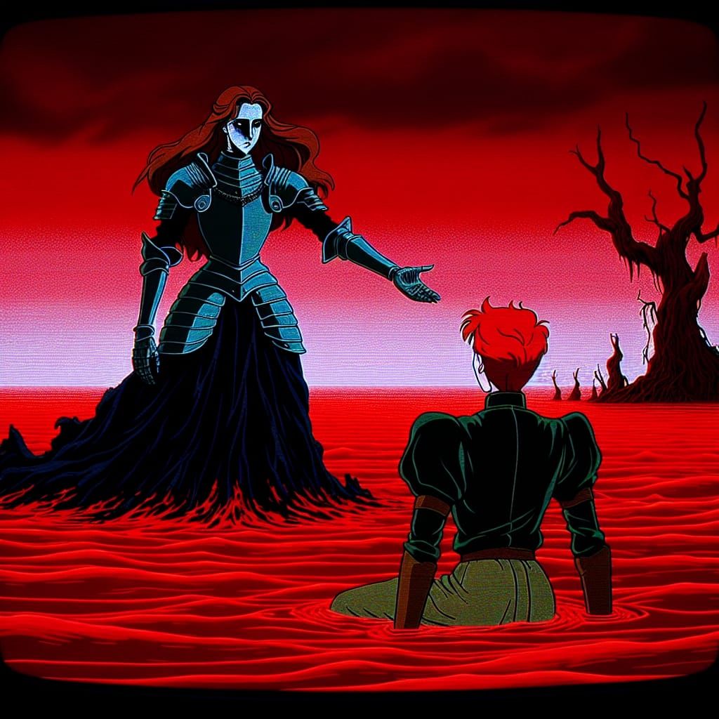 Stately Black Knight Confronted in Haunting Red Sea Landscap...