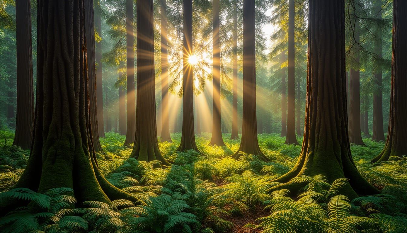 Sunlit Evergreen Forest Landscape Photography