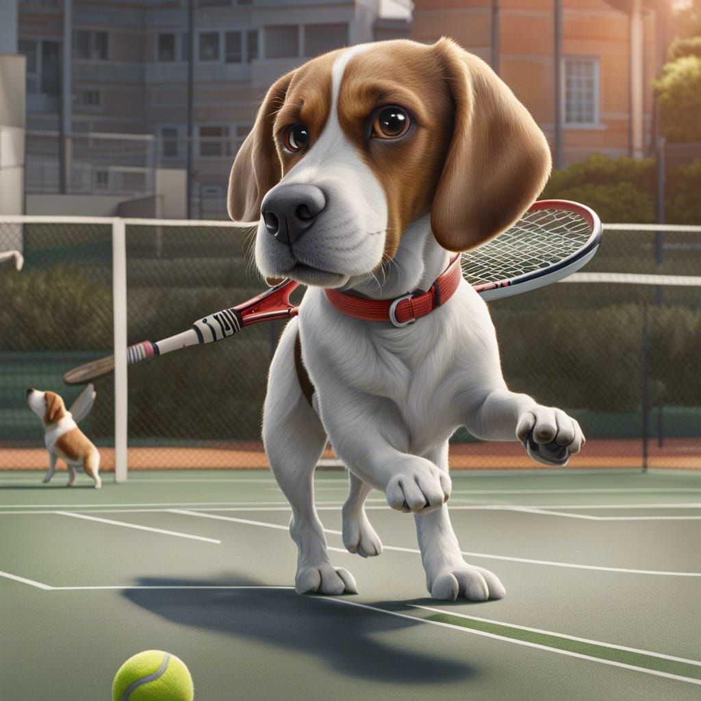 Hyperrealistic Anthropomorphic Beagle Plays Tennis