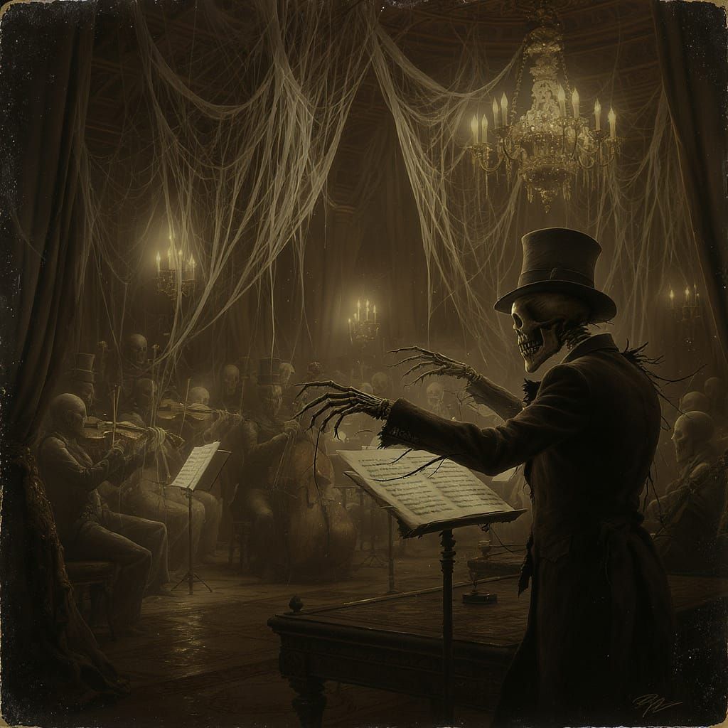 Skeleton Conductor Leads Spectral Orchestra in Dark Ballroom