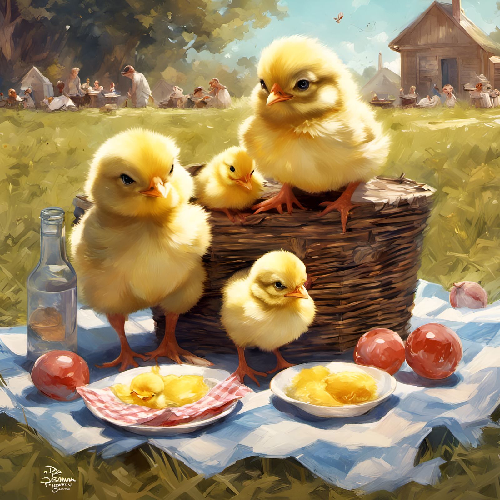 Chicks' Sunny Picnic: A Digital Illustration