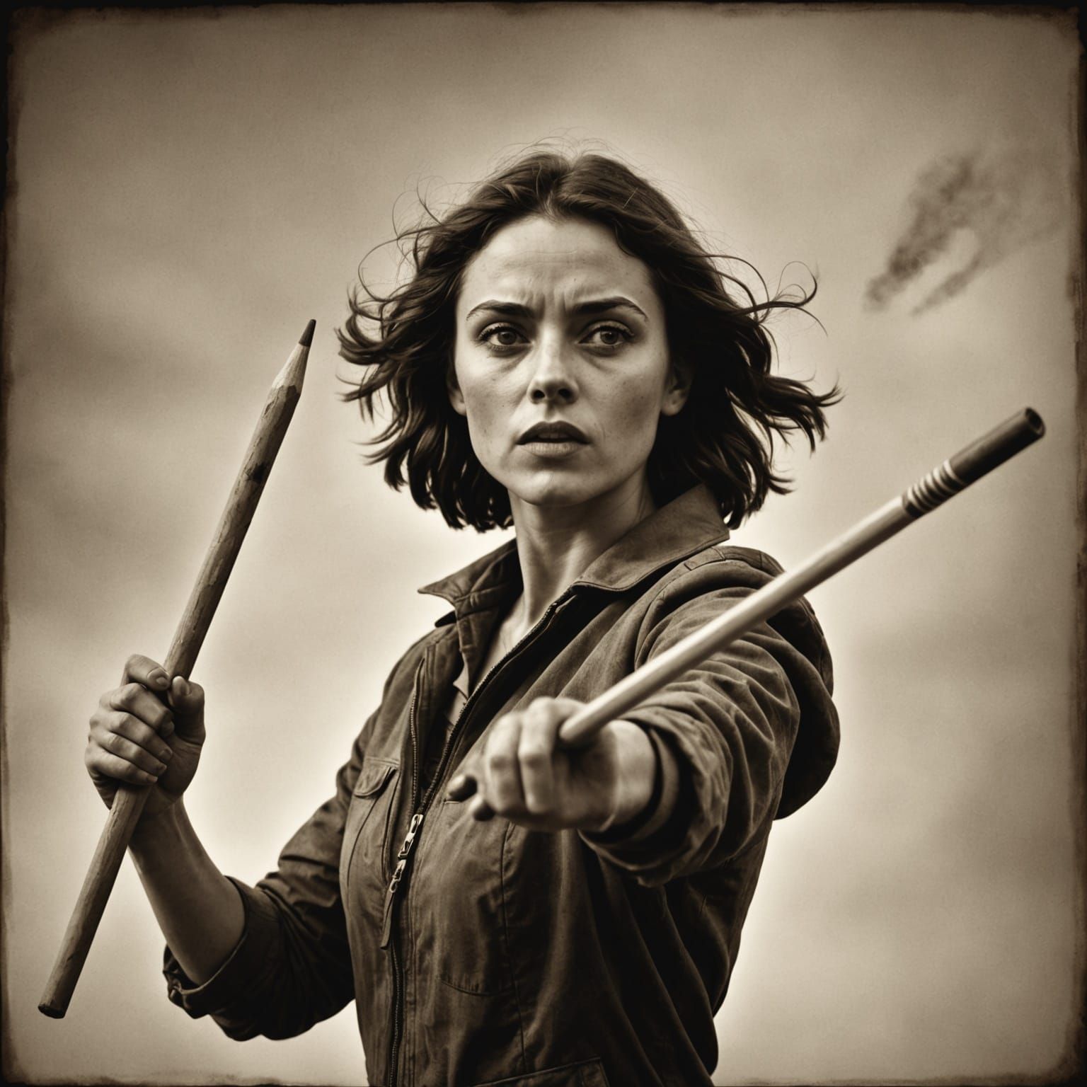 Woman Throws Javelin Pencil - Vintage Sepia Portrait