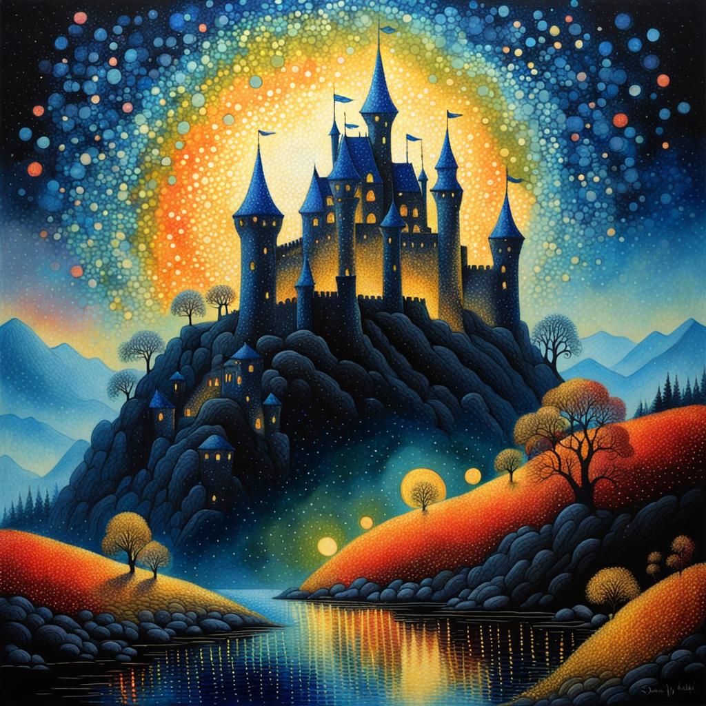 Magical Castle in Pointillist Folk Art