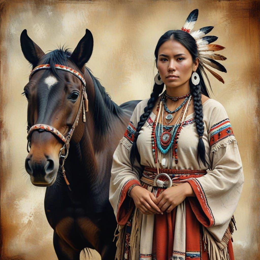 Cherokee Woman With Horse in Mixed Media Style