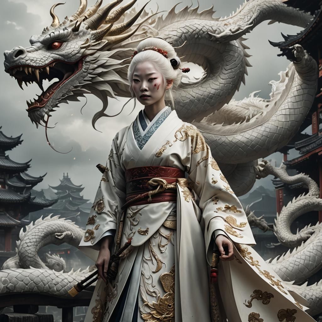 Albino Geisha and Dragon Digital Matte Painting