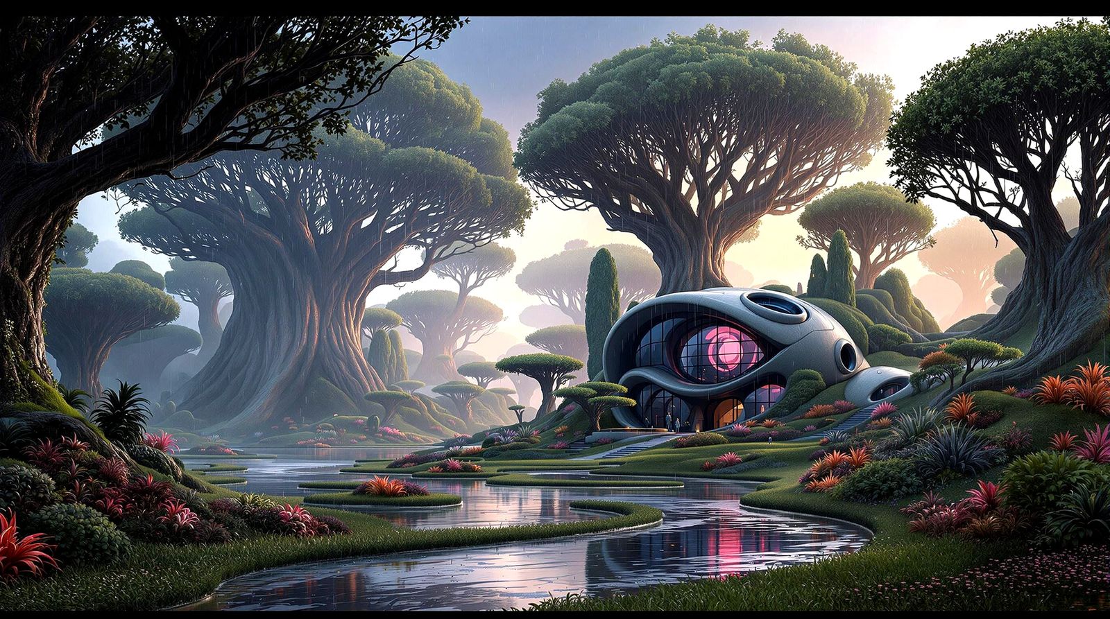 Rainy Exoplanet Landscape with Alien Flora in Digital Art