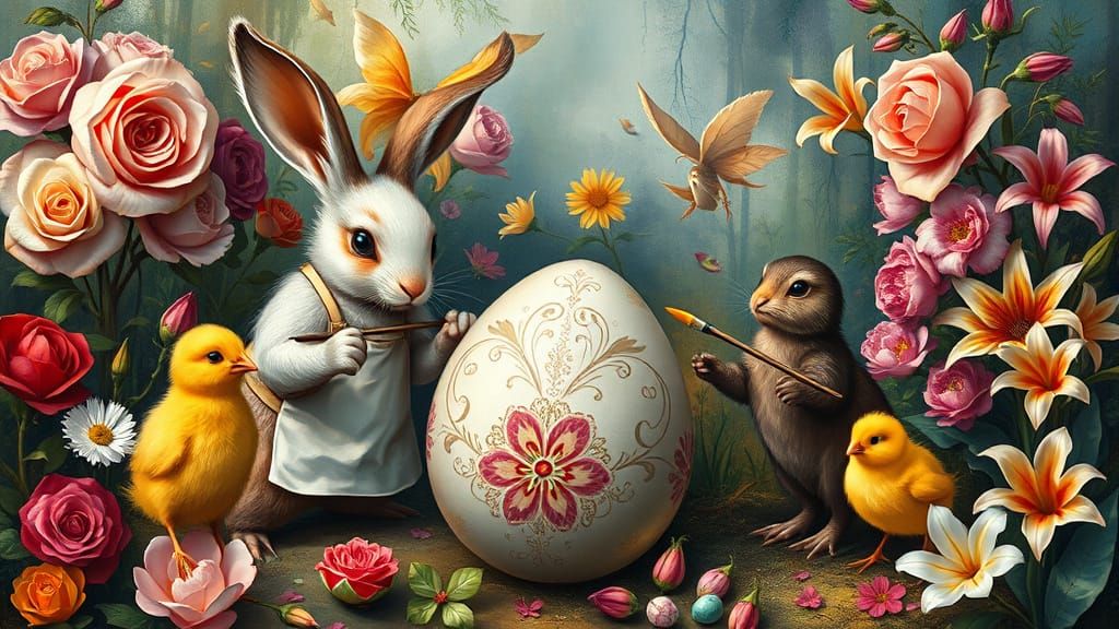 Rabbits and Chicks Painting Easter Eggs in Cubist Style