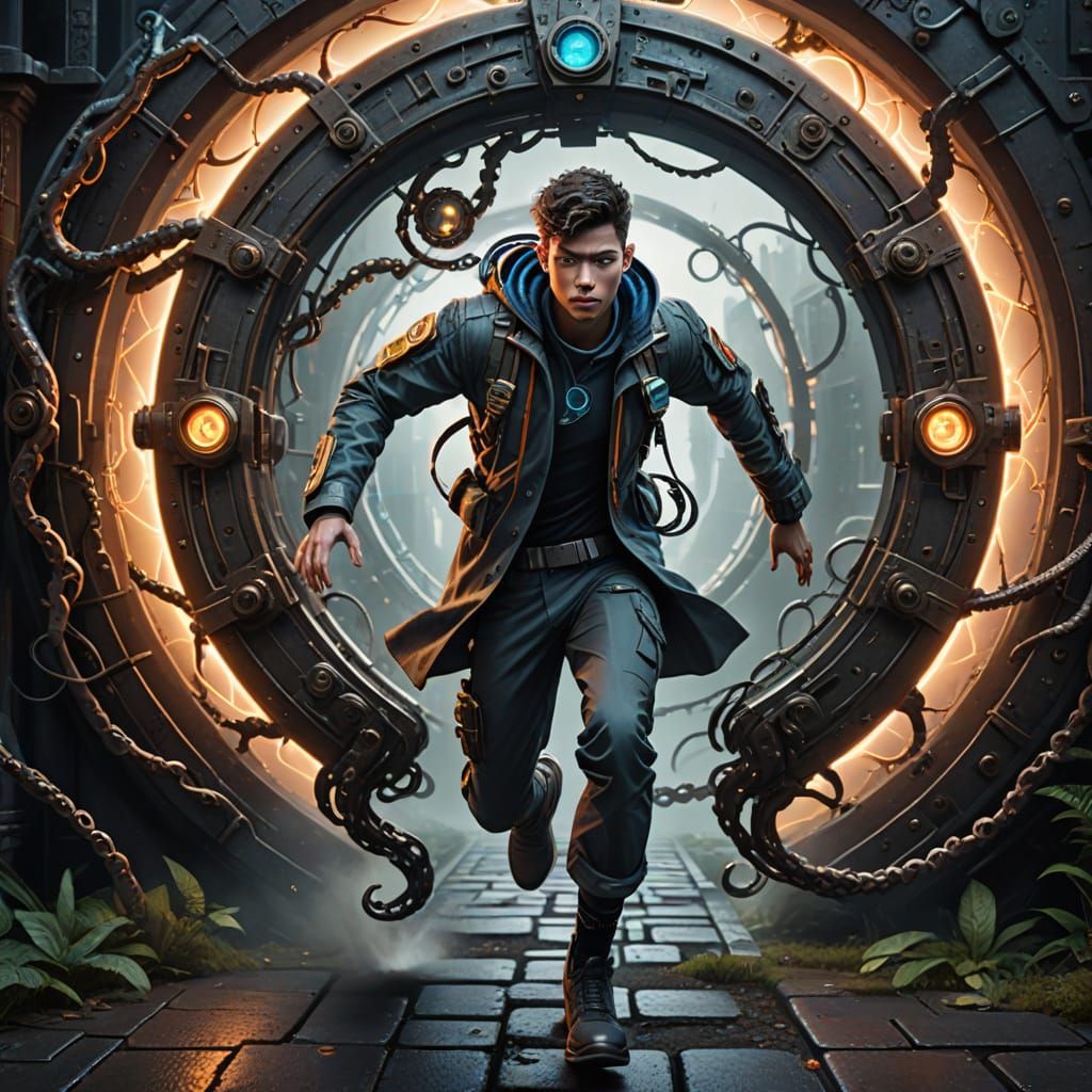 Cyborg Escapes Time Portal in a Daring Cyberpunk Dash