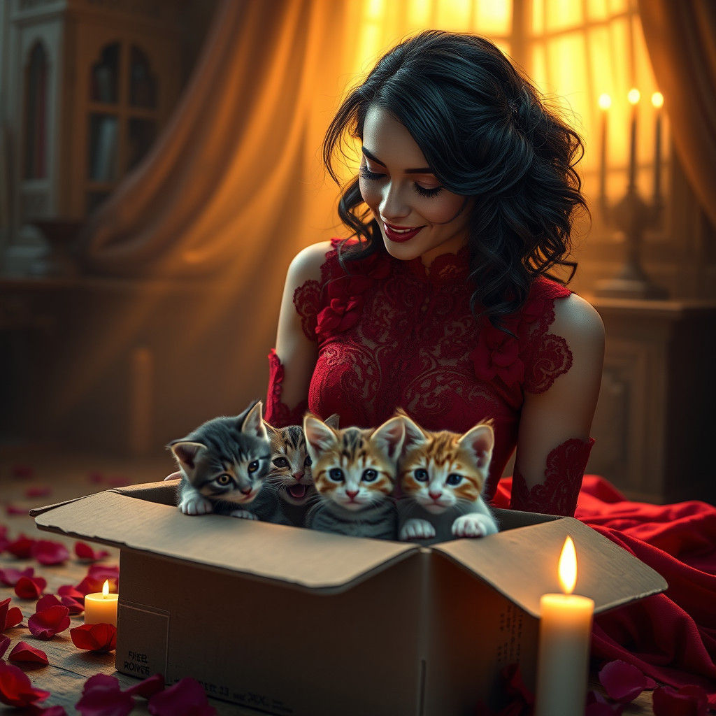 Crimson Femme Fatale Watching Kittens Play